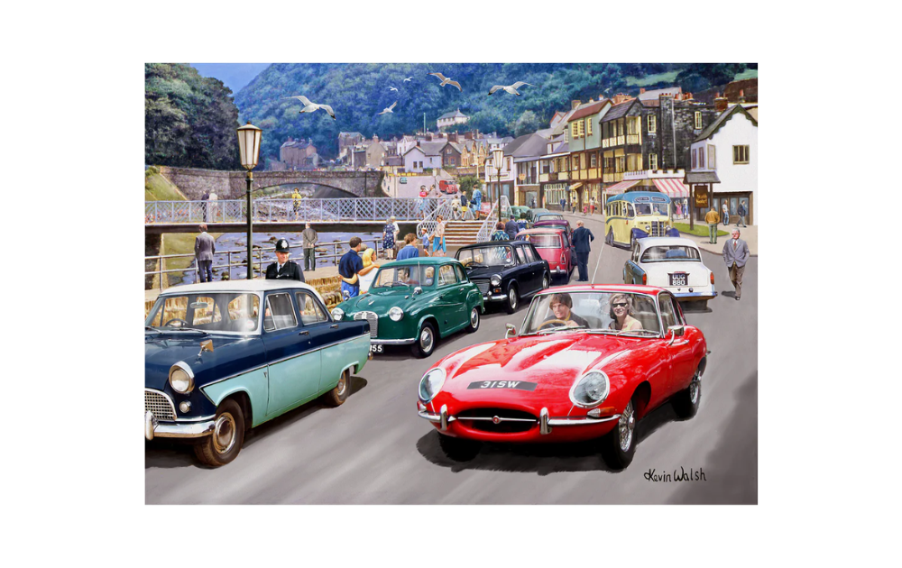 Gibsons Lynmouth Living puzzle 500 pieces featuring a charming scene with classic cars and coastal village backdrop