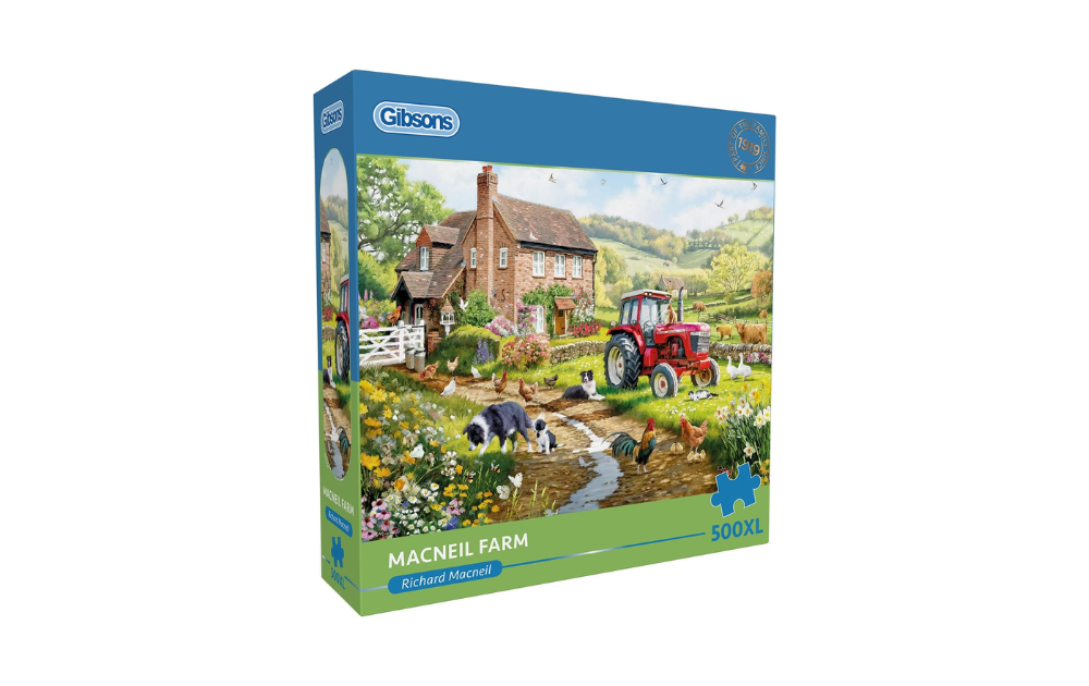 Gibsons Macneil Farm 500XL piece jigsaw puzzle. Box showing country cottage, tractor, cows by stream