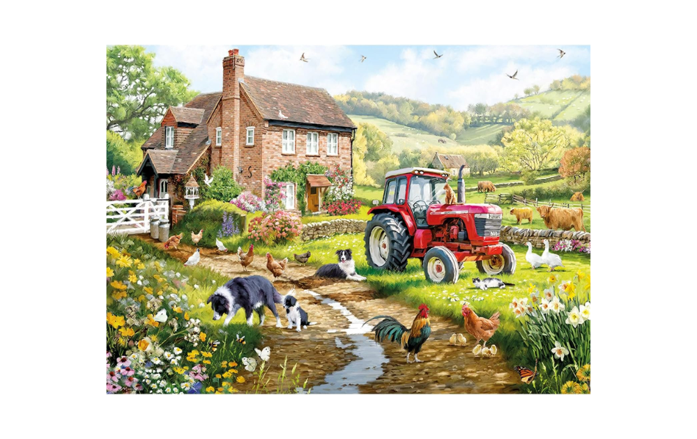 Gibsons Macneil Farm 500XL piece jigsaw puzzle showing cottage farm scene with red tractor dogs chickens sheep and rolling hills