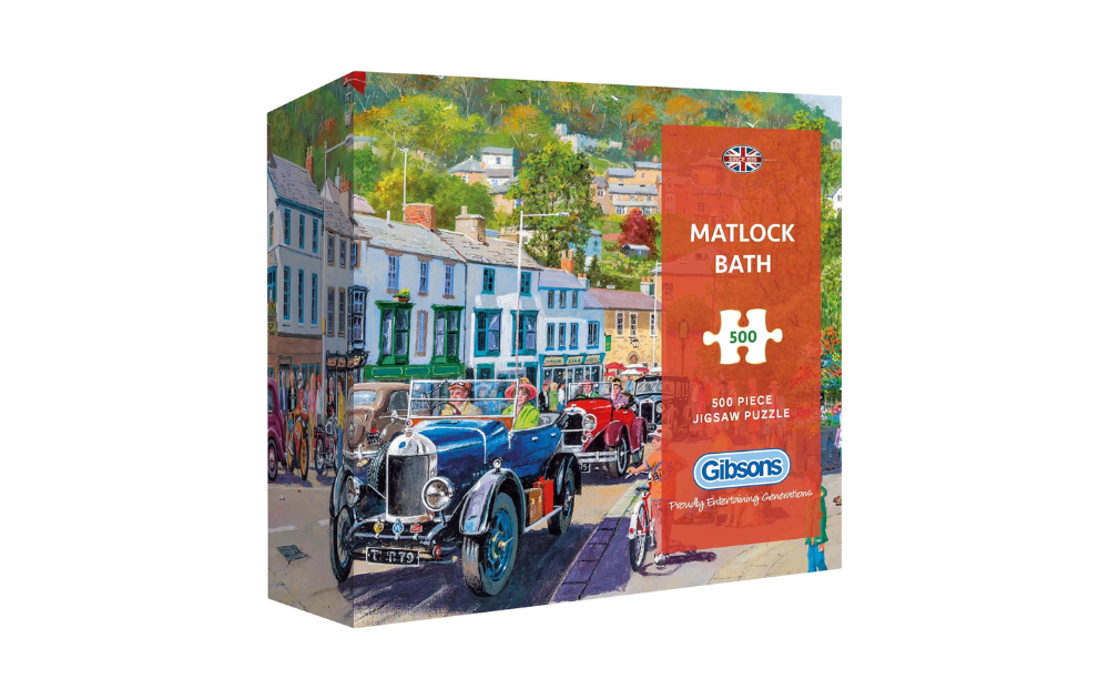 Gibsons Matlock Bath 500 piece puzzle featuring vintage cars in a scenic town setting