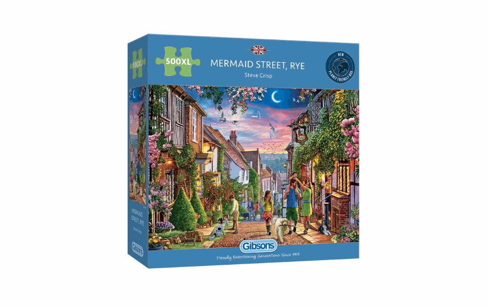 Gibsons Mermaid Street Rye jigsaw puzzle box featuring a colorful street scene with houses and blooming flowers
