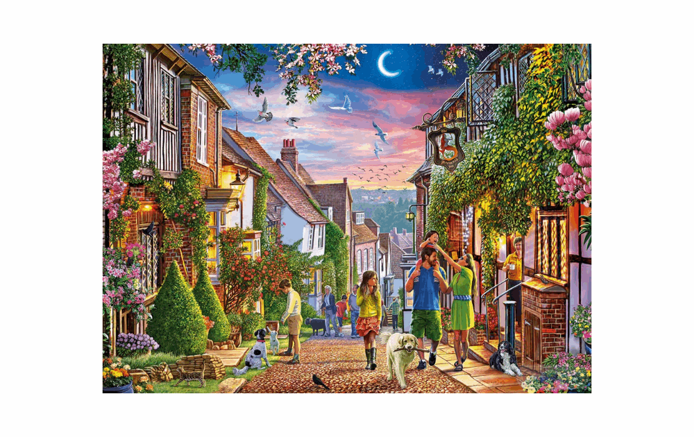 Gibsons Mermaid Street Rye jigsaw featuring a colorful street scene with flowers, families, and pets