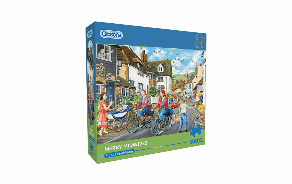 Gibsons Merry Midwives jigsaw puzzle featuring a charming village scene with midwives on bicycles