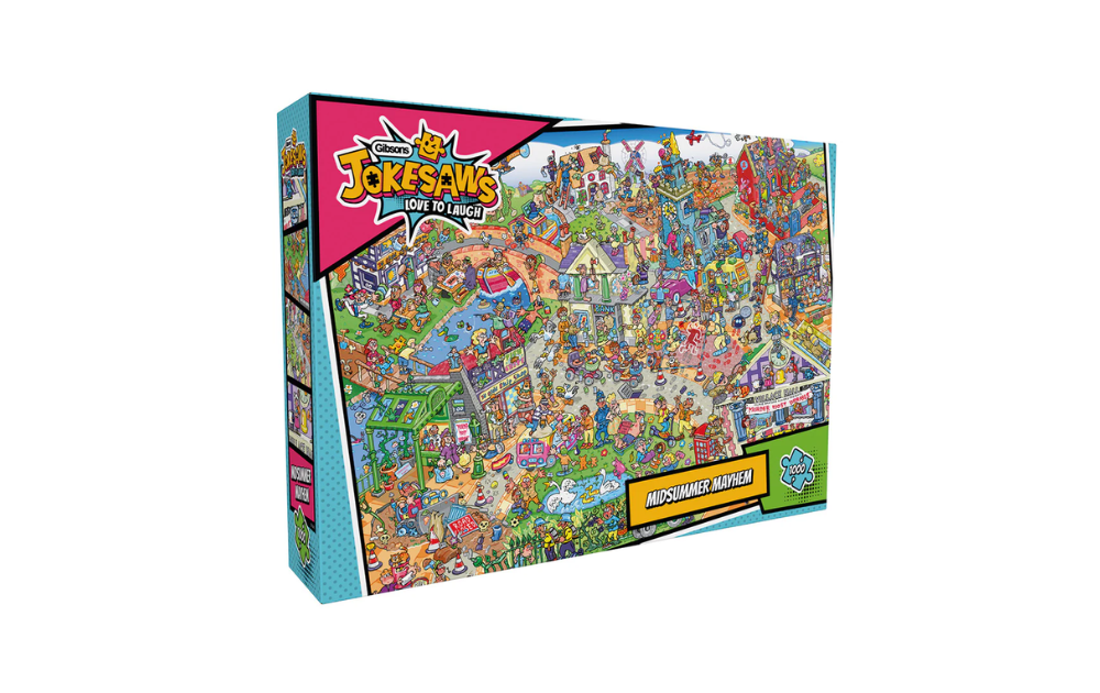 Gibsons Midsummer Mayhem Jokesaw puzzle box featuring a colorful and humorous scene