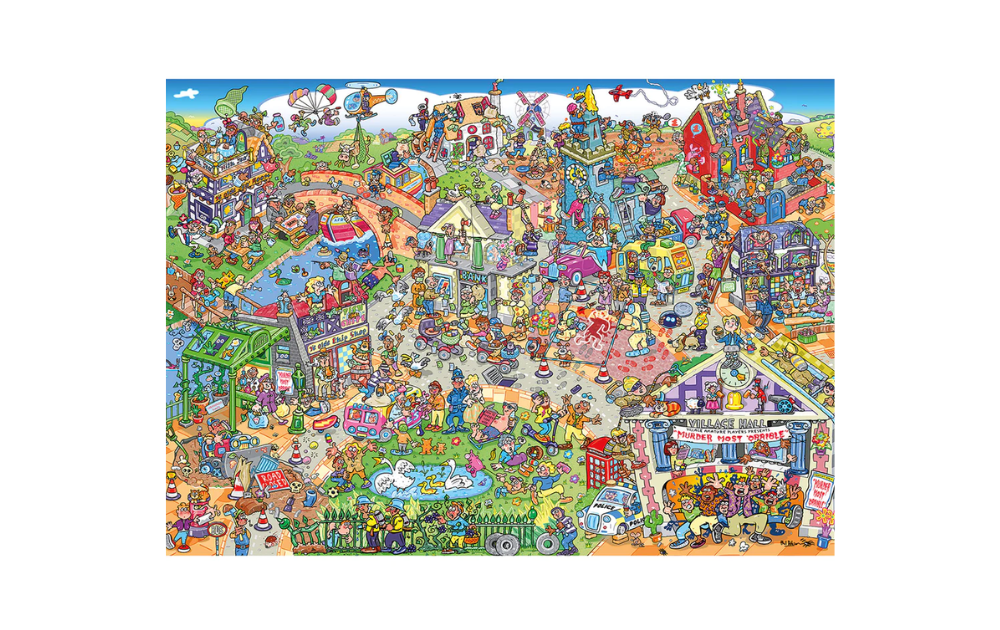 Midsummer Mayhem Jigsaw puzzle featuring a colorful, detailed village scene with whimsical characters and activities