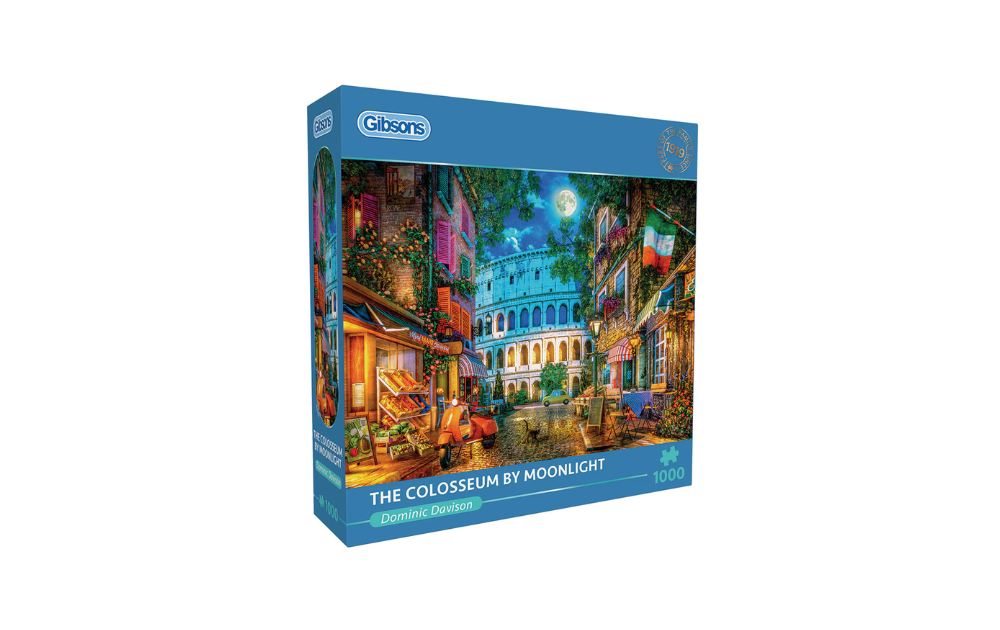 Gibsons Moonlight Colosseum jigsaw puzzle featuring a vibrant night scene with colorful buildings