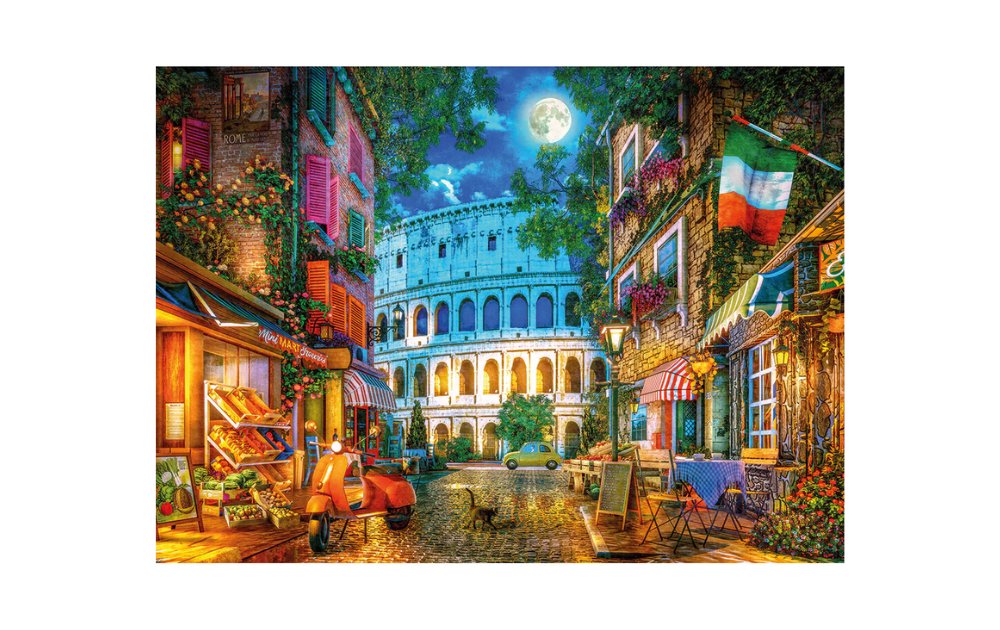 Gibsons moonlight Colosseum jigsaw puzzle featuring a vibrant street scene under a full moon