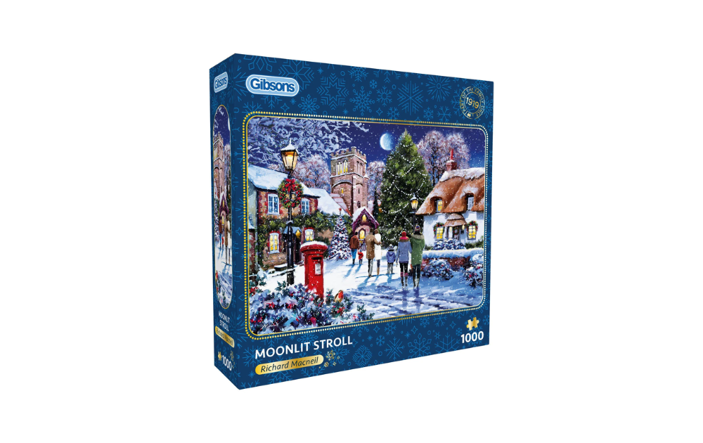 Moonlit Stroll 1000 Piece Jigsaw Puzzle by Gibsons showcasing a snowy village scene with a street lamp and festive decorations