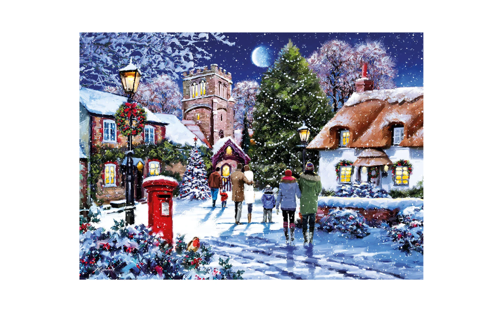 Moonlit Stroll 1000 Piece Jigsaw Puzzle by Gibsons featuring a snow-covered village scene with figures walking at night