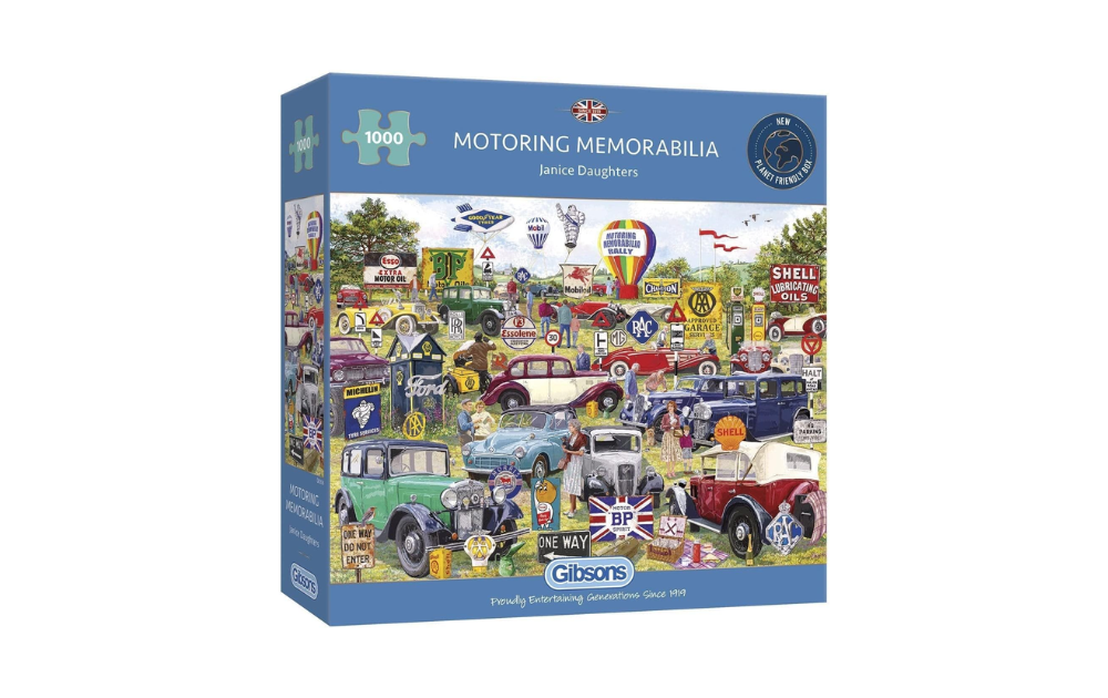 Gibsons Motoring Memorabilia puzzle with vintage cars and iconic signs in colorful design