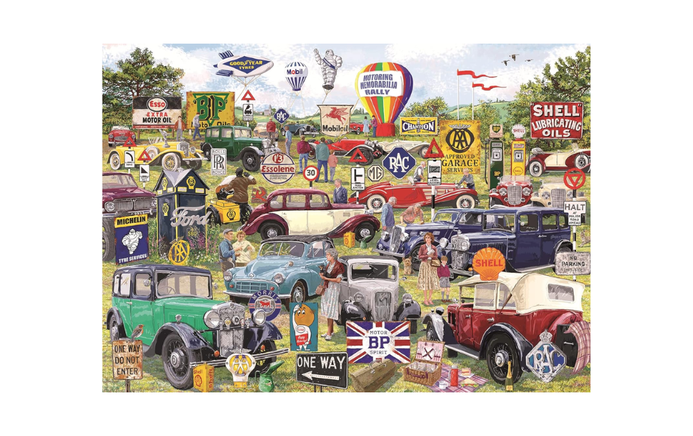 Gibsons motoring memorabilia puzzle featuring vintage cars, iconic signs, and classic advertisements