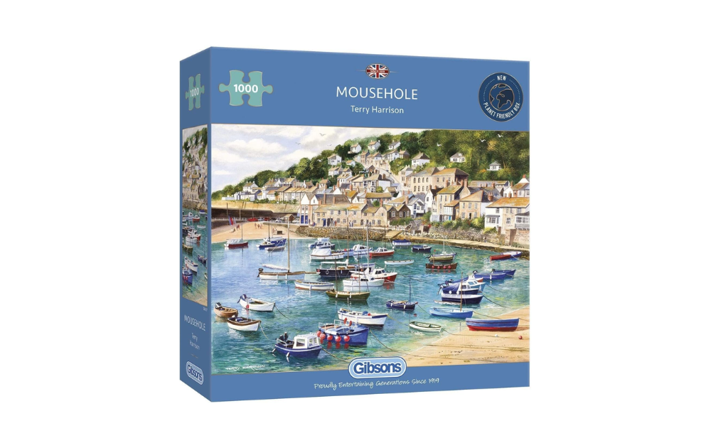 Gibsons Mousehole 1000 piece puzzle featuring a scenic harbor artwork by Terry Harrison