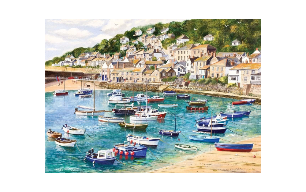 Gibsons Mousehole 1000 piece puzzle depicting a scenic harbor with colorful boats and coastal village