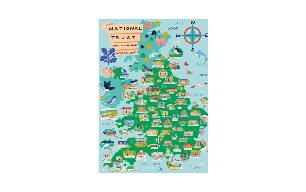 National Trust jigsaw puzzle 500 pieces depicting a colourful map of the UK with various landmarks