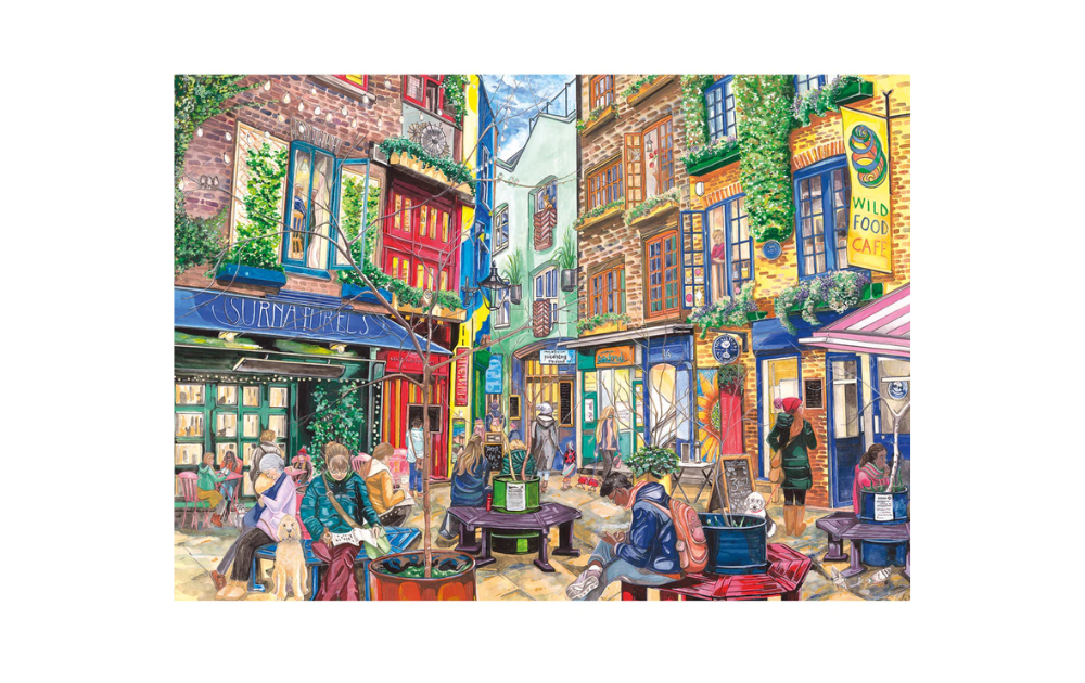 Neal's Yard 1000 piece puzzle by Gibsons featuring a colorful street scene with cafes and people