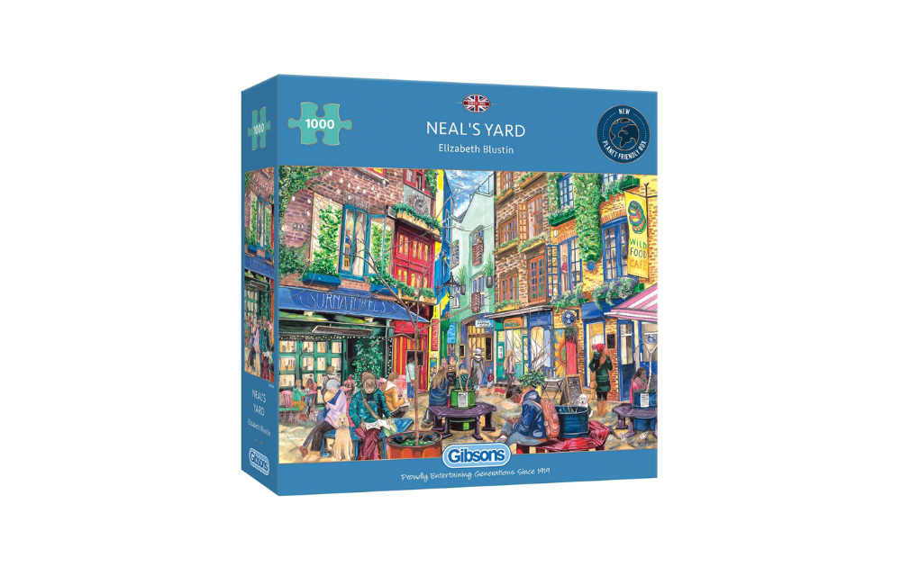 Neal's Yard 1000 piece puzzle by Gibsons featuring vibrant street art and lively café scene