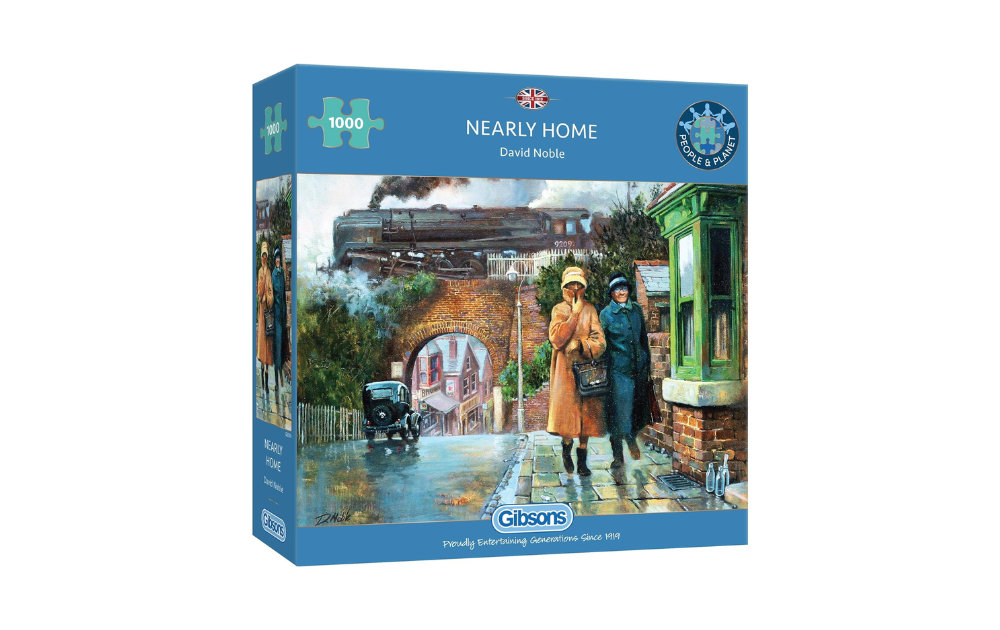 Gibsons Nearly Home puzzle featuring a vintage scene with a train and pedestrians, ideal for family entertainment