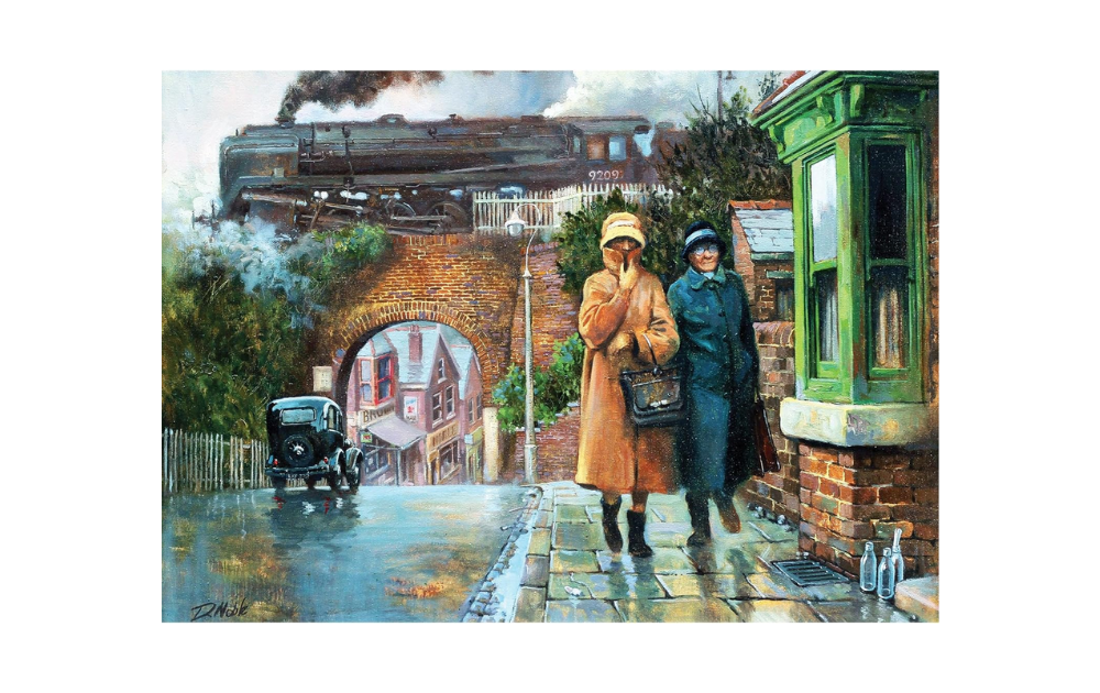 Gibsons Nearly Home puzzle featuring two women walking on a street under a steam train and vintage car