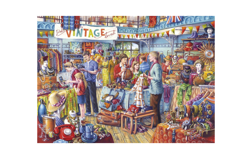 Gibsons nearly new jigsaw puzzle featuring a bustling vintage shop filled with colorful items