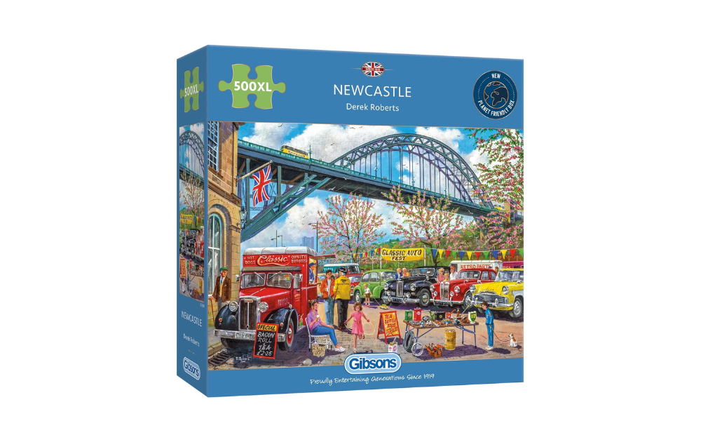 Newcastle Gibsons 500XL puzzle featuring vintage cars and the iconic Tyne Bridge in a colorful scene