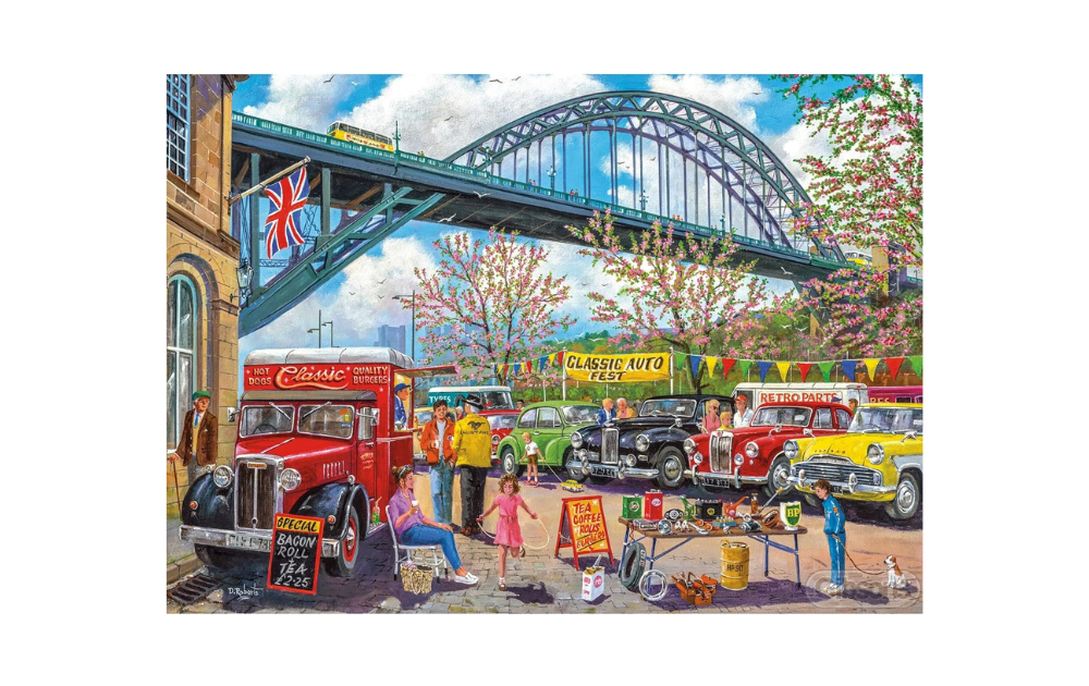 Colorful Newcastle Gibsons 500XL puzzle featuring classic cars and a vibrant bridge scene