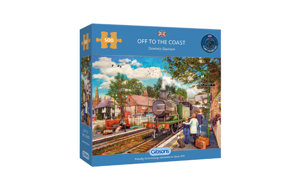 Gibsons Off to the Coast puzzle featuring a vibrant train station scene with detailed characters and landscape