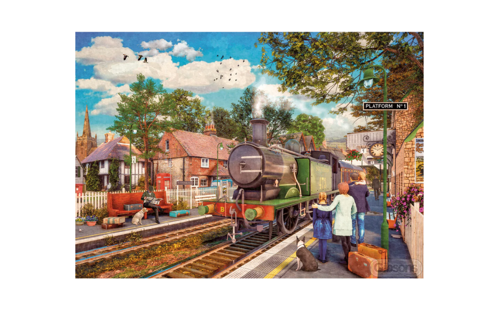 Gibsons Off to the Coast puzzle featuring a vintage steam train at a picturesque station