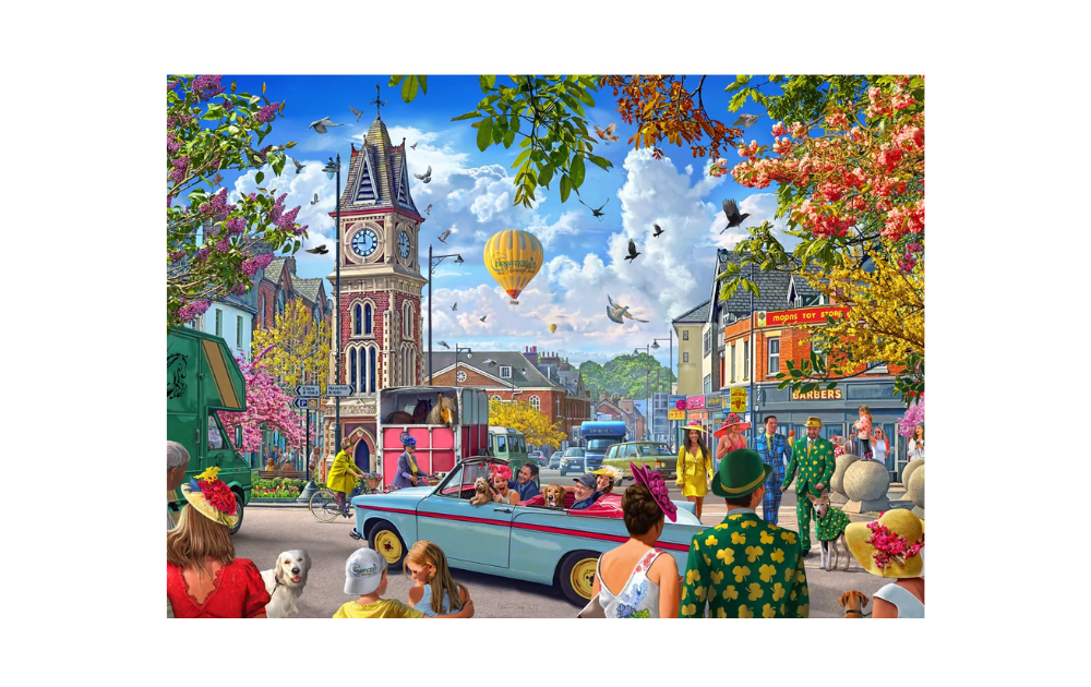 Off to the Races at Newmarket 1000 Piece Jigsaw Puzzle by Gibsons, depicting a vibrant race day scene