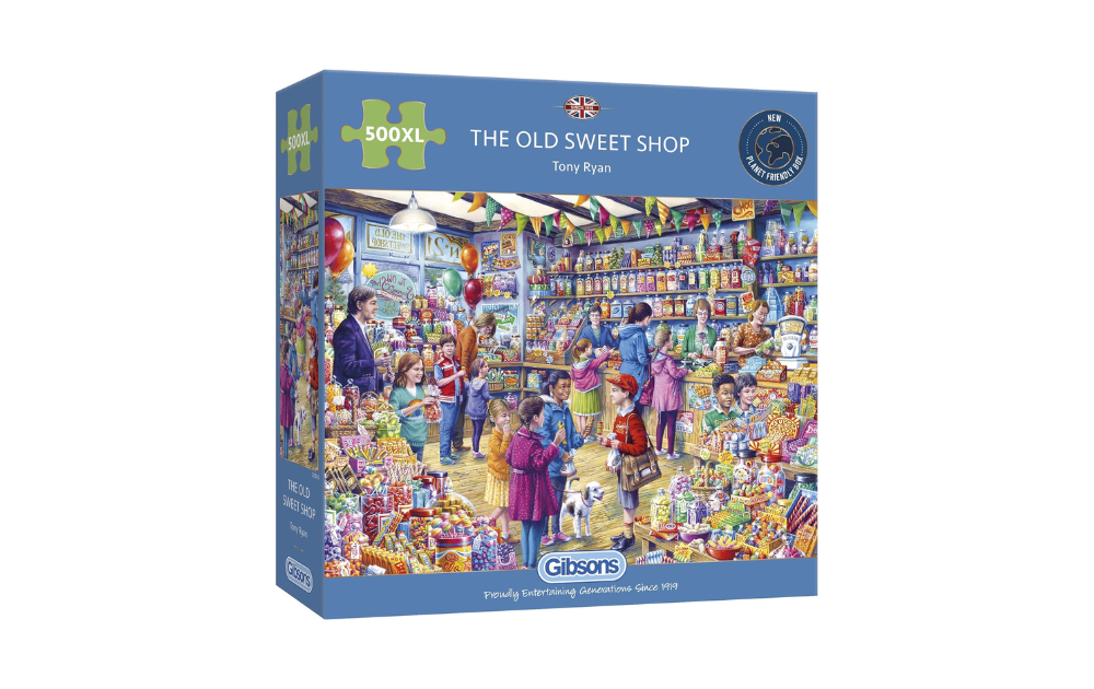 Gibsons The Old Sweet Shop puzzle featuring a vibrant candy store scene with children and colorful confections