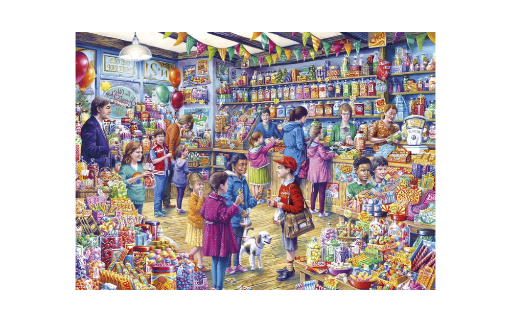 Gibsons Old Sweet Shop puzzle featuring a vibrant candy store filled with children and adults enjoying sweets