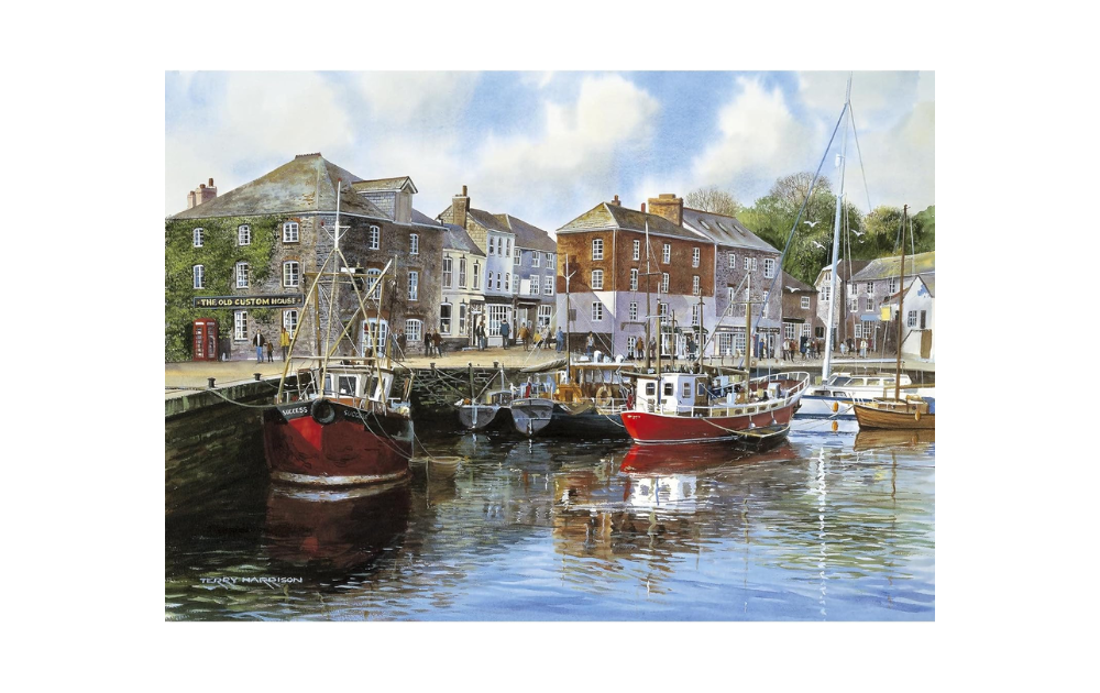 Gibsons Padstow Harbour jigsaw puzzle featuring colorful boats and picturesque waterfront scene