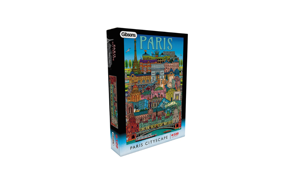 Gibsons Paris cityscape jigsaw puzzle box showing colourful illustrated Paris skyline with Eiffel Tower 500 pieces