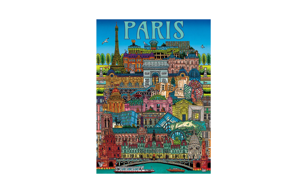 Gibsons Paris cityscape jigsaw puzzle featuring colourful illustrated landmarks Eiffel Tower Arc de Triomphe Seine river