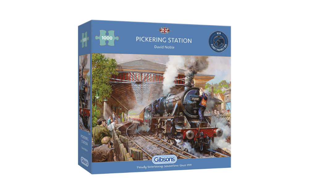 Gibsons Pickering Station puzzle featuring a detailed train scene with vibrant colors