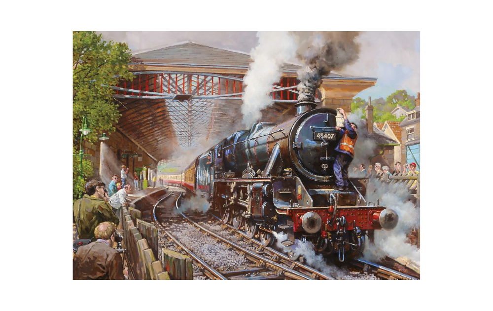 Gibsons Pickering Station puzzle depicting a steam train at a bustling station with spectators