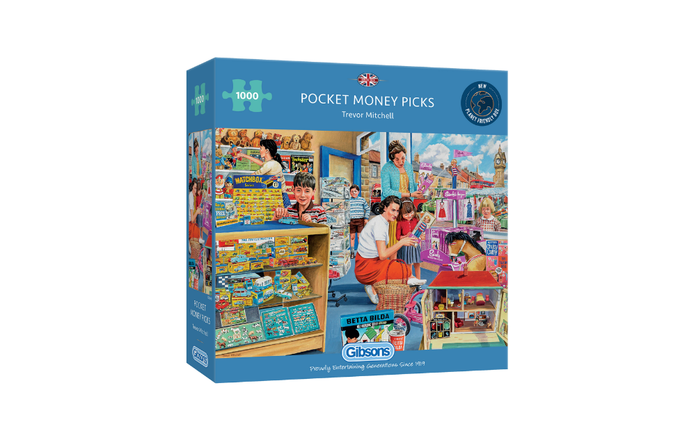 Gibsons Pocket Money Picks jigsaw featuring vibrant retro shop scenes and colorful illustrations