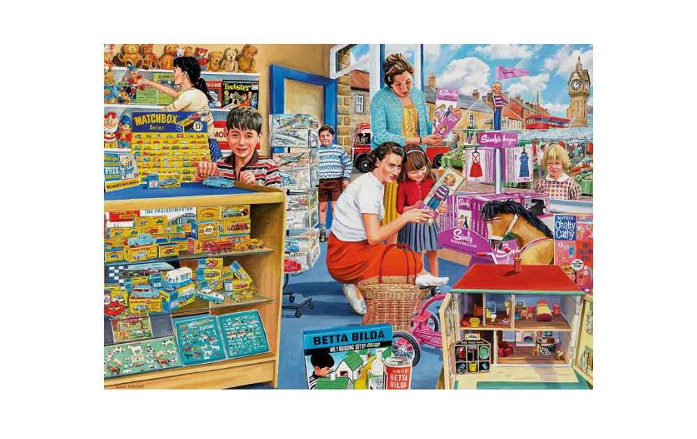 Gibsons Pocket Money Picks jigsaw featuring a nostalgic toy shop scene with children and toys