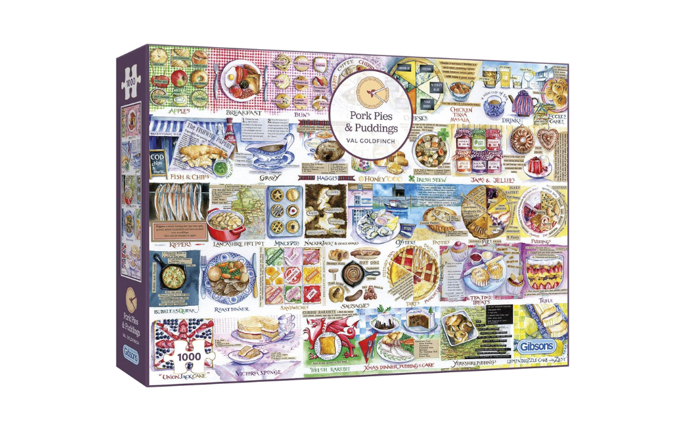 Gibsons pork pies puzzle 1000 piece featuring a colorful collage of food and pudding illustrations