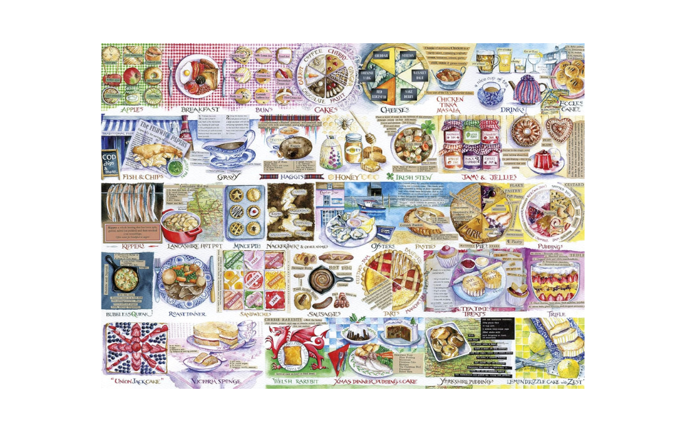 Gibsons pork pies puzzle 1000 piece featuring colorful illustrations of various dishes and desserts