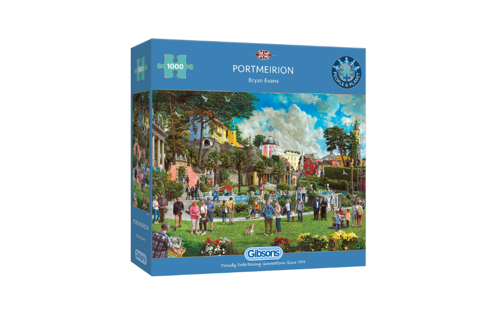 Gibsons Portmeirion jigsaw puzzle featuring a colorful scene by Bryan Evans with 1000 pieces