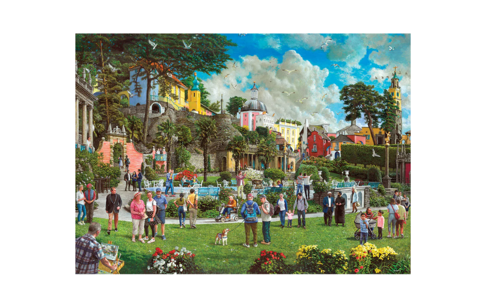 Portmeirion jigsaw puzzle featuring a colorful garden scene with people and pets enjoying a sunny day