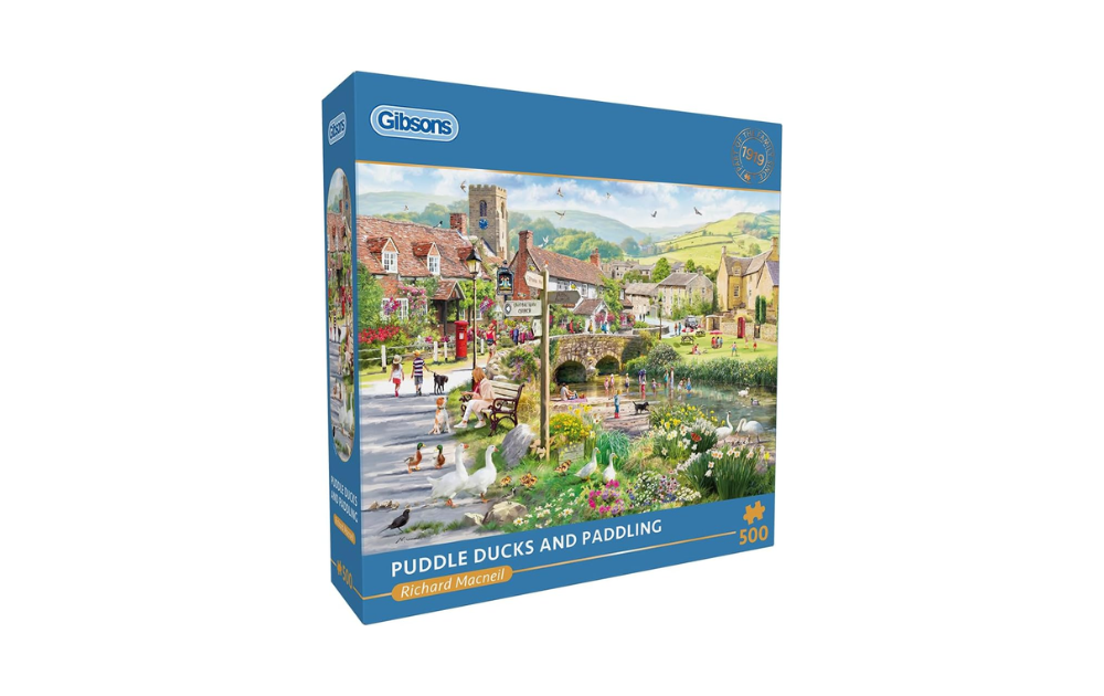 Gibsons 500 piece jigsaw of an English village stream with ducks by a stone bridge Puddle Ducks & Paddling puzzle