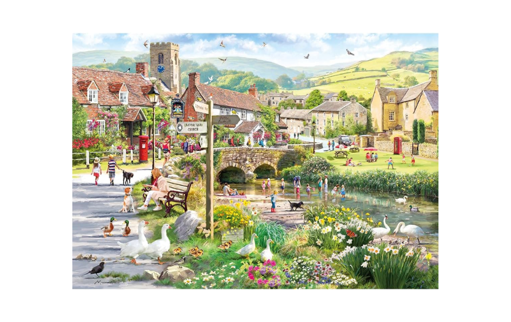 Gibsons jigsaw Puddle Ducks & Paddling puzzle showing idyllic English village river scene with bridge swans ducks and cottages