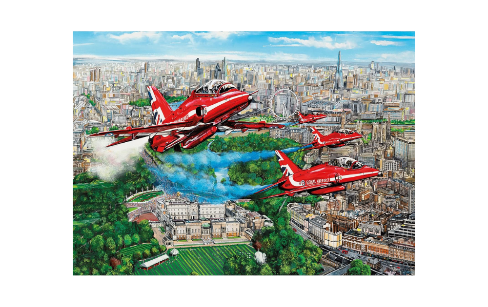 Gibsons Reds Over London puzzle featuring Red Arrows jets soaring above the city skyline