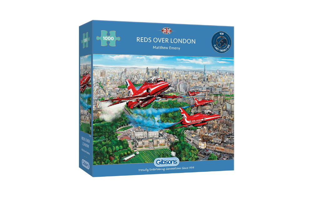 Gibsons Reds Over London puzzle featuring a vibrant aerial display over the cityscape
