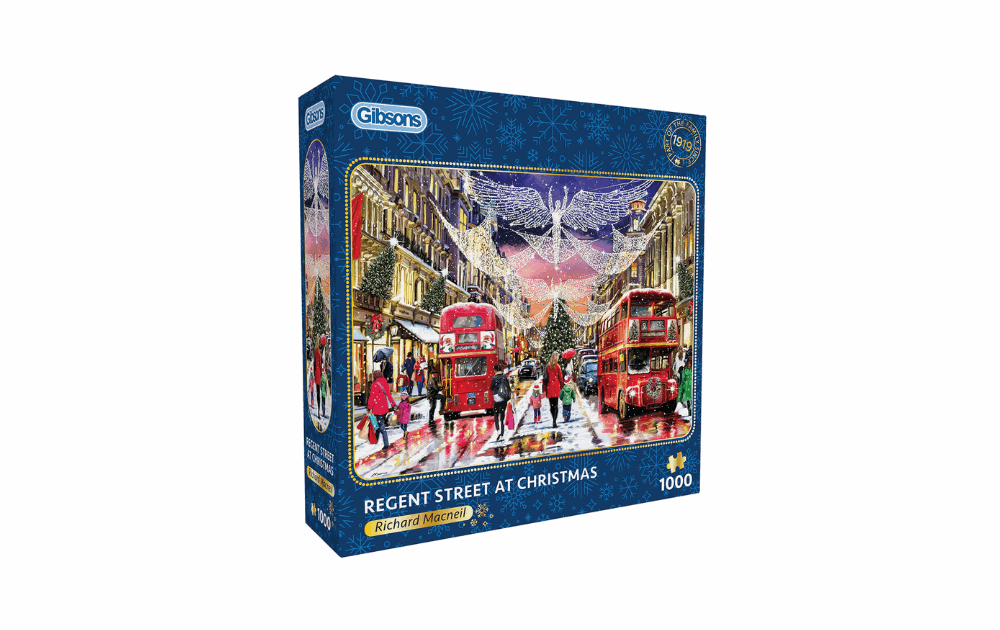 Gibsons Regent Street Christmas puzzle featuring double-decker buses and festive decorations in a bustling street scene