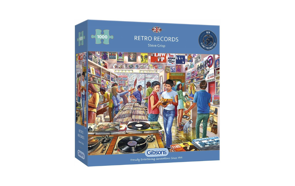 Gibsons Retro Records puzzle featuring a colorful vintage record store scene with people browsing