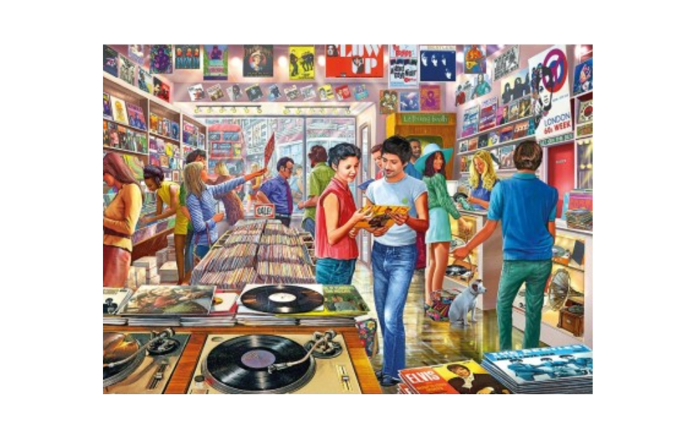 Gibsons Retro Records puzzle featuring a vibrant vintage record store scene with people browsing albums