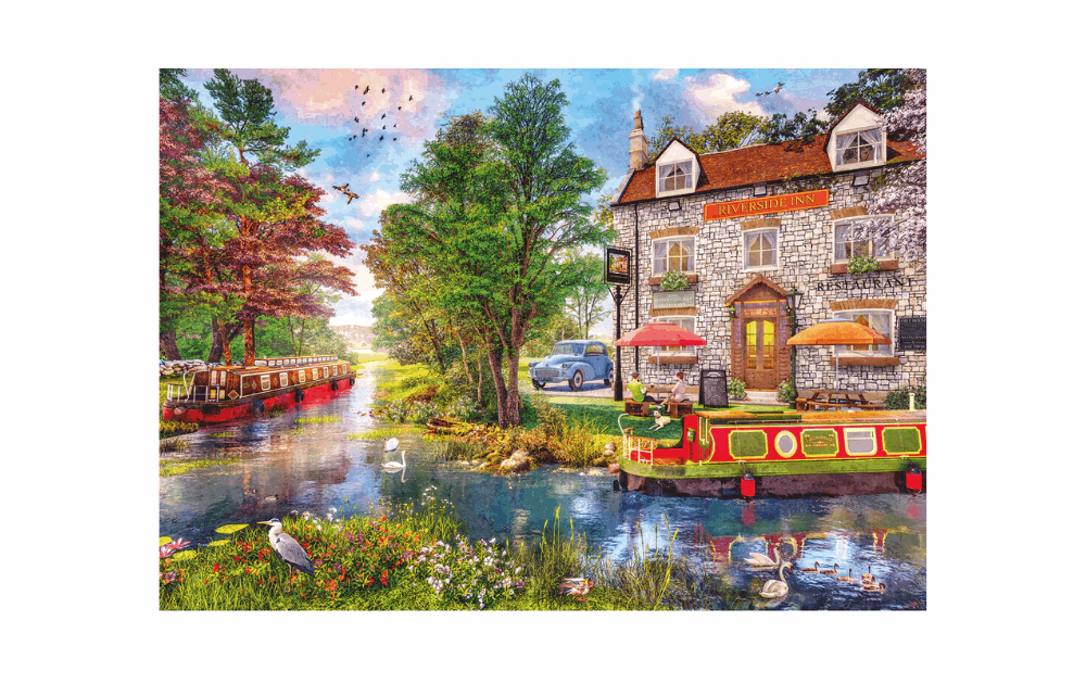 Gibsons Riverside Inn Puzzle featuring a scenic riverside view with boats and vibrant greenery
