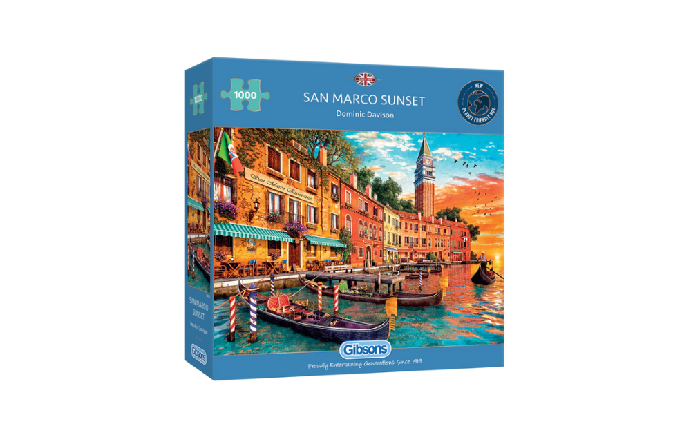 Gibsons San Marco Sunset 1000 piece puzzle featuring a vibrant sunset over Italian canals